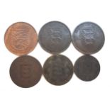 A small quantity of Jersey coins to include 1/26 of a shilling 1841, 1866, 1/13 of a shilling