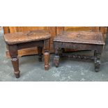 Three stools: a small 19th century oak footstool, on turned legs, 25x19x23cmH; one other later oak