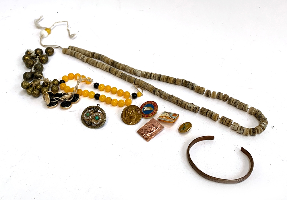 A mixed lot to include bone rosary beads, various other beads, modern Mongolian enamel badges and - Image 2 of 2