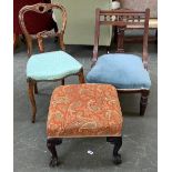 A balloon back occasional chair; George II style footstool and one other chair