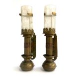 A pair of railway style brass wall sconces with glass chimneys and applied GWR plaques, each 28.5cmH