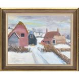 20th century oil on board, houses in the snow, 34x44cm