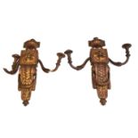 A pair of Neoclassical giltwood two arm wall sconces, with carved urn and foliate detail (af), 57.