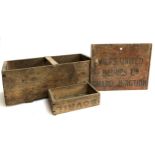 A wooden garden trug, 61cmL, together with 'Wilts United Dairies Limited chard Junction' board and