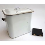 An enamel bread bin, 31cmH, together with a cased set of 6 silver plated spoons
