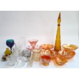 A mixed lot of glass to include orange lustre glass; Thomas Webb; tall brown glass bottle vase etc