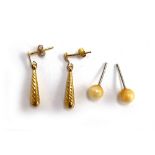 faux pearl earrings together with 9ct gold torpedo drop earrings, approx. 1g