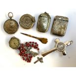 A .935 silver engraved pocket watch (af), 4cmD, together with 2 white metal vestas, 3 crucifixes,