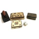 Five boxes to include a decor main spherical trinket pot, shell covered box containing shells etc