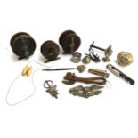 A mixed lot to include vintage fishing reels, Swiss army knife, white metal pepperette etc