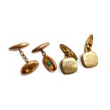 A pair of 9ct gold cufflinks set with a turquoise cabochon (one missing turquoise), 3.3g; with one