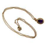 A 9ct gold amethyst pendant with chain link border, on a 9ct gold chain, approx. 2.1g