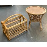 A small bamboo circular occasional table, 44x44cm; together with a bamboo magazine rack, 45cmW