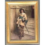C H Parker, 20th century, portrait of a Cavalier standing on a stone staircase, oil on board,