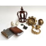 An Edwardian brass and porcelain doorbell, crown finial, brass door handle, hip flasks etc