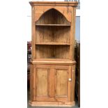 A pine standing corner cupboard, three shelves over a panel door, 84x182cmH