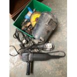 Two Black & Decker corder angle grinders; welding mask and various other tools