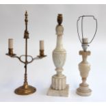 Two marble table lamps, the tallest 46.5cmH to top of fitting, together with a gilt metal two arm