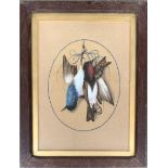 19th century, gouache on paper, still life of exotic game hanging, signed A Daniell 1875, the oval