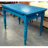 A blue painted kitchen table, with tin top, on turned legs, 105x64x72cmH