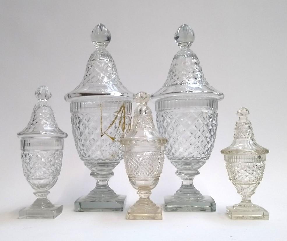 Five cut glass lidded urns, the tallest approx, 38.5cmH (af), the smallest approx. 20cmH