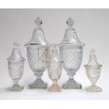 Five cut glass lidded urns, the tallest approx, 38.5cmH (af), the smallest approx. 20cmH