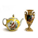 A 19th century Continental teapot, the panels decorated with fancy birds, pheasants, and insects, on