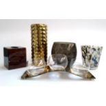 An Ercius plated tea light holder, Nina Campbell tissue box and three vases, the tallest 30cmH
