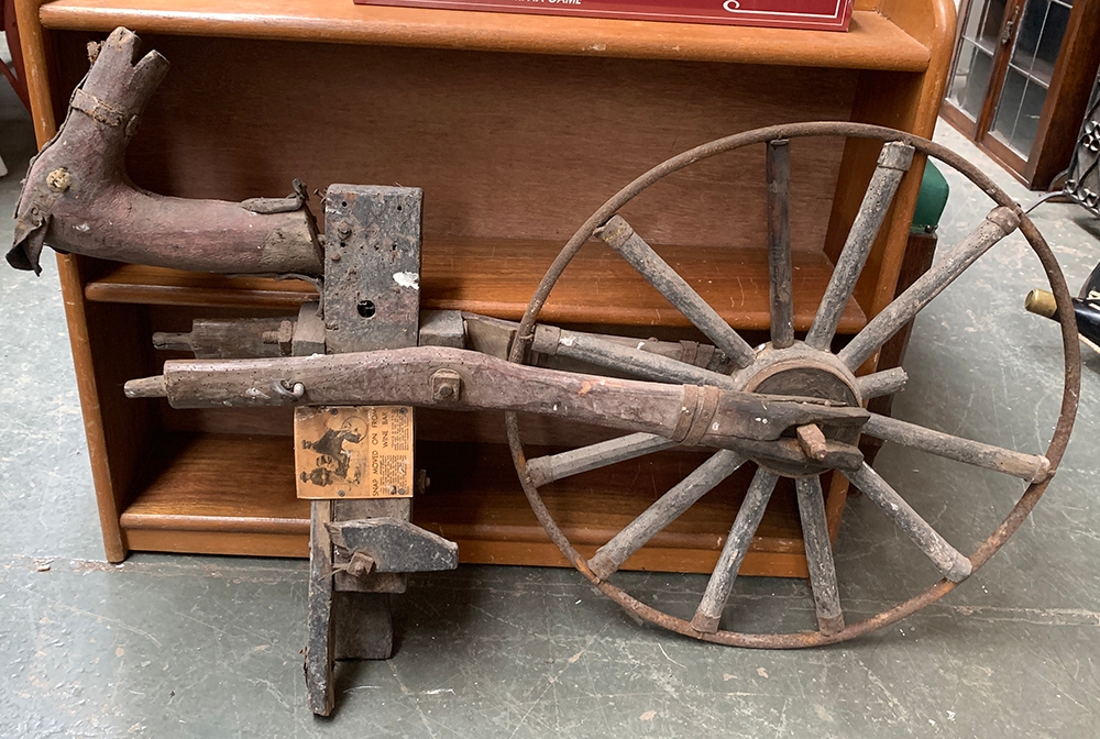 A 19th century hobby horse, on iron wheel, 110cmH