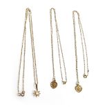 Three fine 9ct gold necklaces, two with St. Christopher pendants, the other with a floral pendant