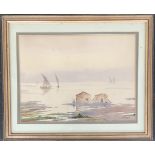 W P Lovell, 'Lake Menzaleth at the side of the Suez Canal, nr. Port Said', watercolour, signed lower