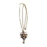 An Edwardian lavelier pendant set with peridots and seed pearls, on a 9ct gold chain, approx. 6g