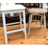 A painted kitchen stool with oval elm seat, 53cmH; together with one other, 61cmH