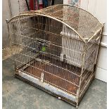 A large white painted bird cage with domed top and carry handles, 78x45x75cmH