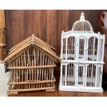 A white painted bird cage, 63cmH; together with a bamboo bird cage, 41cmH