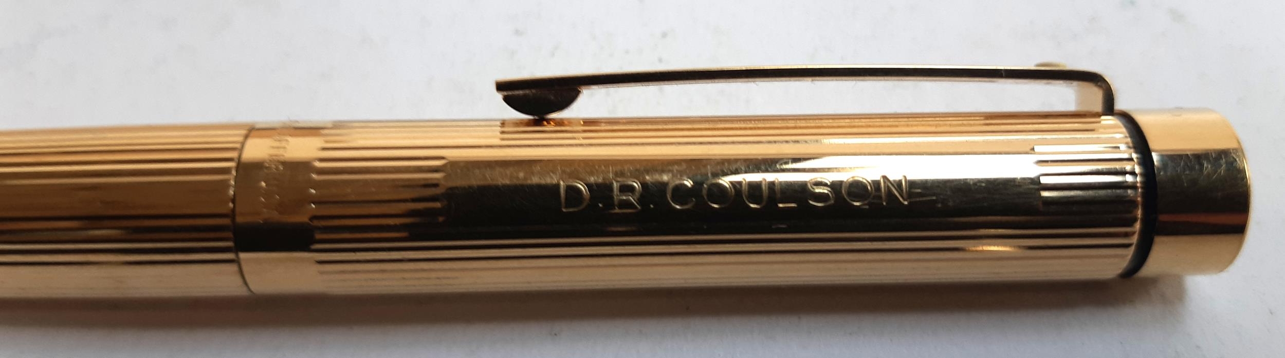 A gold plated Sheaffer fountain pen with 14ct nib and IBM logo to top, inscribed D.R. Coulson, in - Image 2 of 4