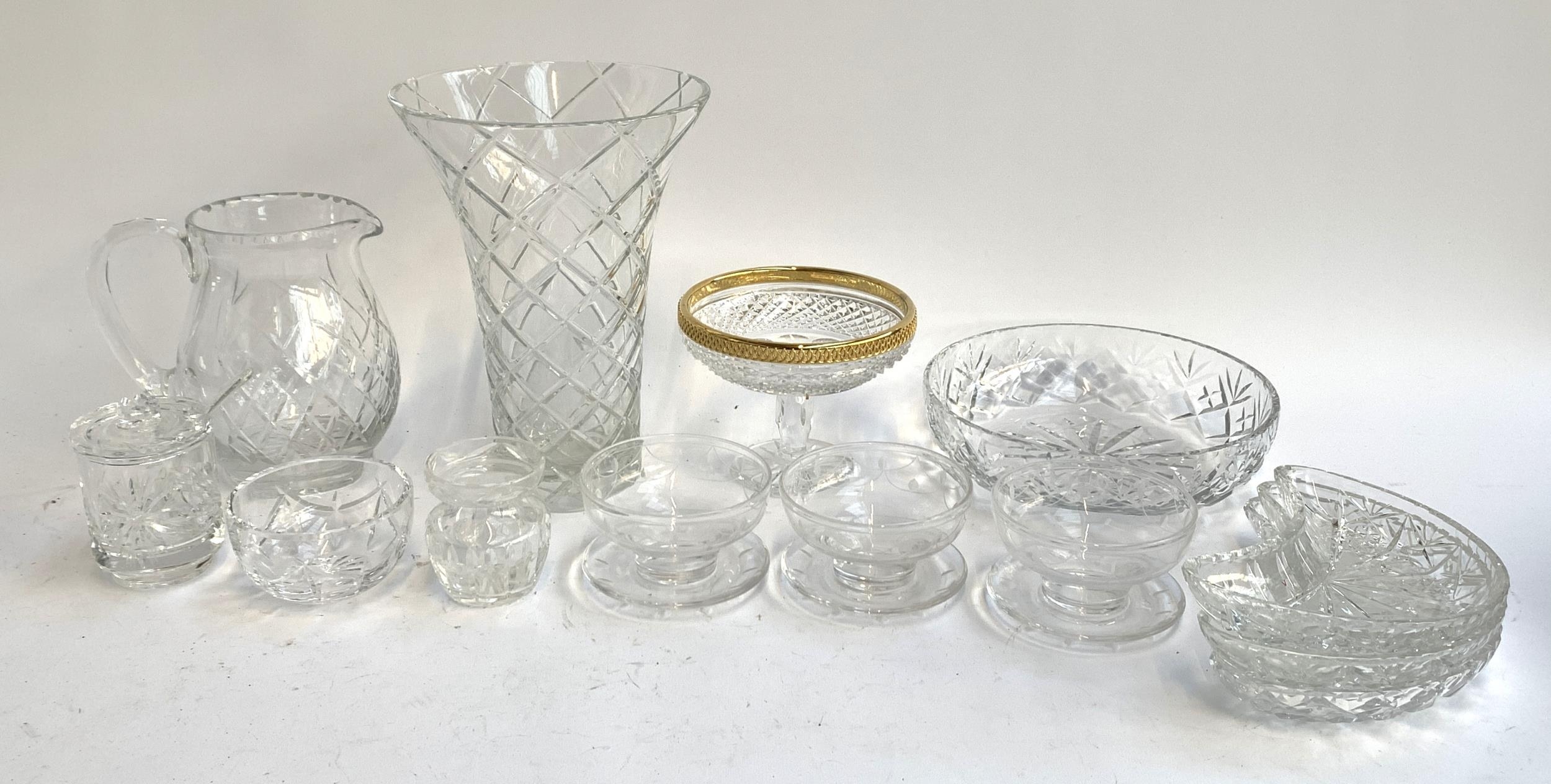 A mixed lot of cut glass and other glass items to include Stuart crystal pudding bowls, Waterford