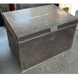 A metal travel trunk marked Anthony J W Rose, 62x45x41cm, containing a small number of garden tools
