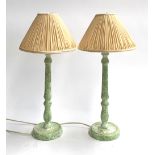 A pair of green painted table lamps with pleated shades, 50cmH