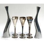 A set of six silver plated champagne flutes, each 23cmH, together with a pair of contemporary