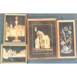 Three marquetry scenes, the largest 26x17.5cm and one pressed flower collage