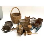 A mixed lot to include stereoscopic viewer, various wicker baskets, cuckoo clock (af), toy sled etc