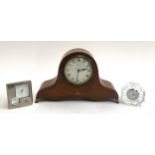 A small French eight day mantel clock, 16cmH, together with a Royal Opera house desk clock and a