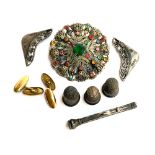 A mixed lot to include Czech filigree brooch, 6cmD; sterling silver propelling pencil with citrine