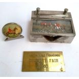 An enamelled menu holder, a hand painted plated card box and a brass plaque for Taunton Vale