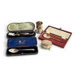 A Victorian cased christening set by Josiah Williams & Co, Exeter 1882; a bright cut cased spoon and