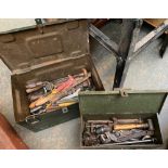 An ammunition box and a further small tool chest, containing a quantity of vintage hand tools