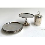 A small white metal tazza, 10cmH; white metal lidded canister; and a set of 12 hammered effect