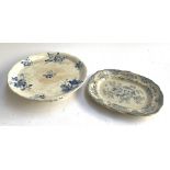 A Bouquet blue and white cake stand; and a small Asiatic Pheasant meat plate, 28cmW (2)