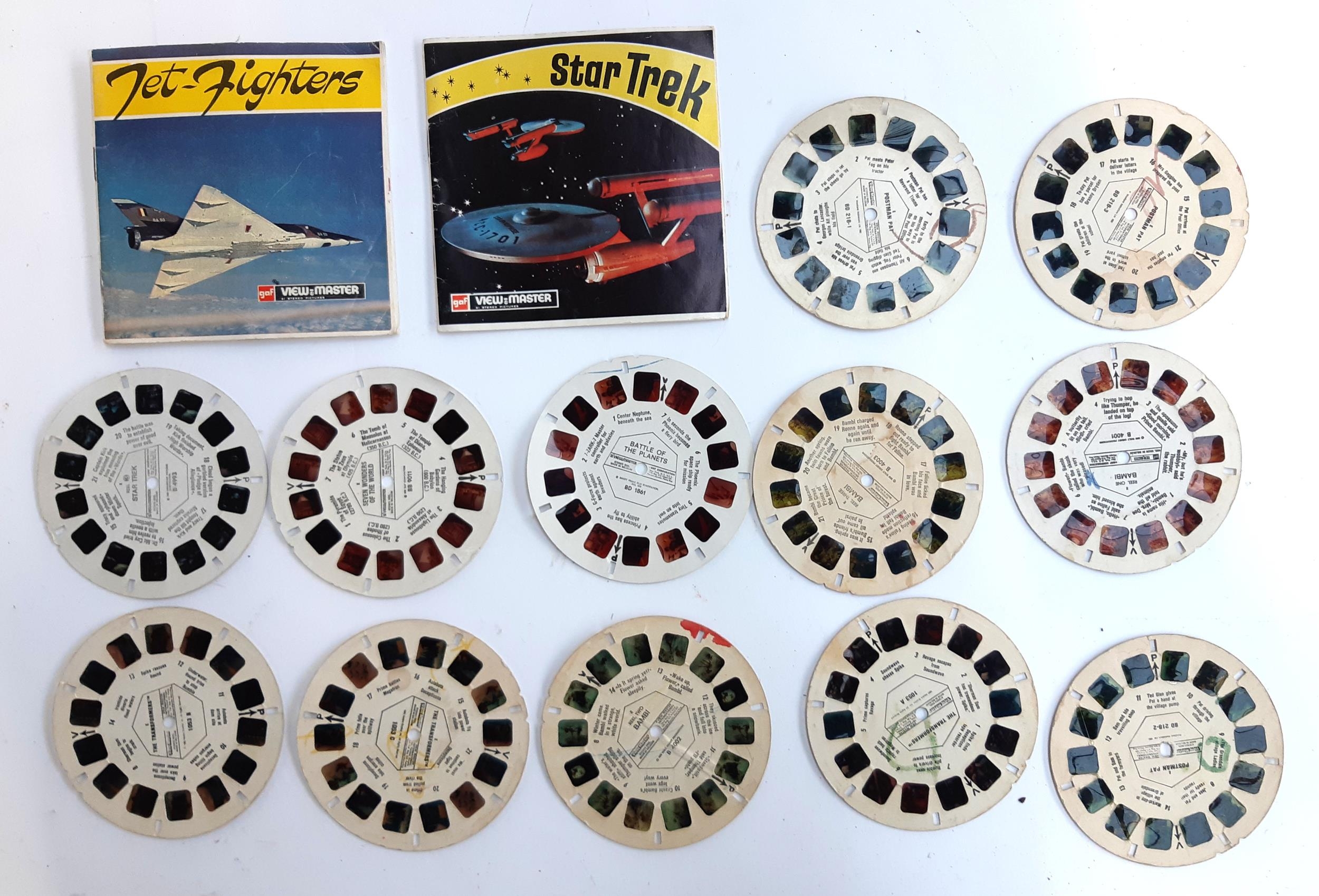 A quantity of stereo reels for a Viewmaster to include Star Trek, Jet Fighters, Transformers, Bambi,